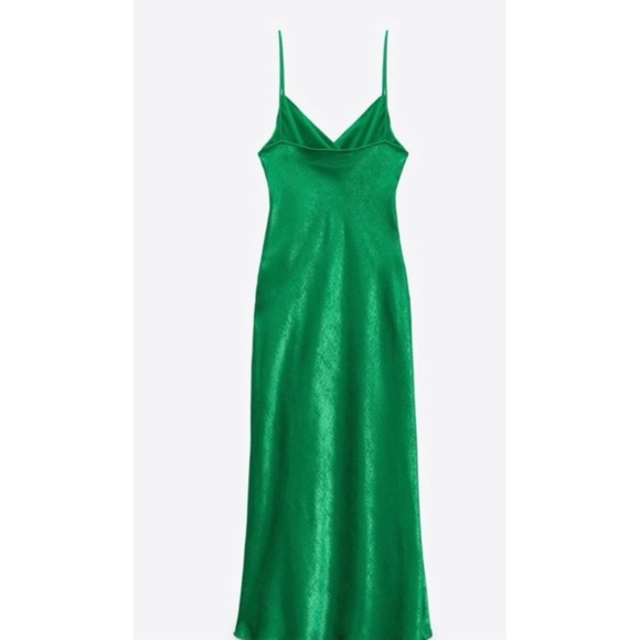 Zara Green Silk MIDI Dress With Slit NWT - Picture 2 of 7